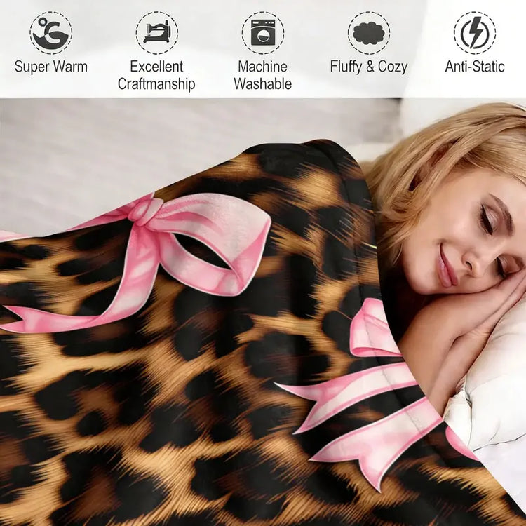 Coquette Leopard Pink Satin Bow Flannel Throw Blanket, Dark Leopard Fur Girly Ribbon Print Soft Fleece Blanket, Oversize Lightweight Cozy Blanket for Women Teens Adults & Kids, Nap Camping Travel Sofa Bed Y2K Home Decor Gift