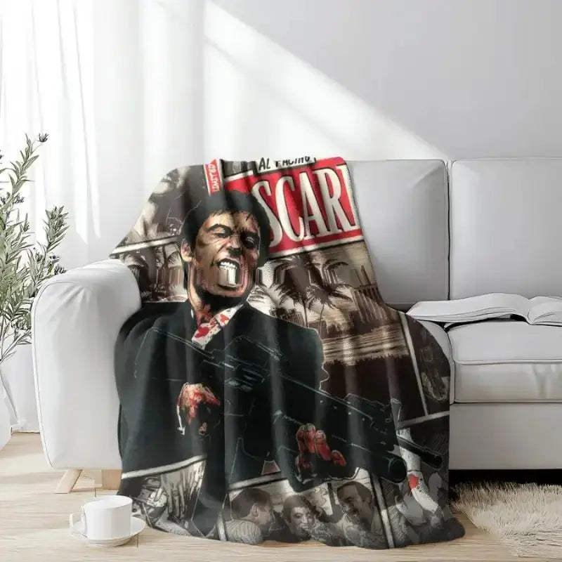 Tony Montana Action Scene Flannel Blanket Aesthetic Room Decor Soft Cozy Movie Theme Throw Blanket for Bedroom Sofa Couch Dorm Men Fans Birthday Christmas Holiday Gift