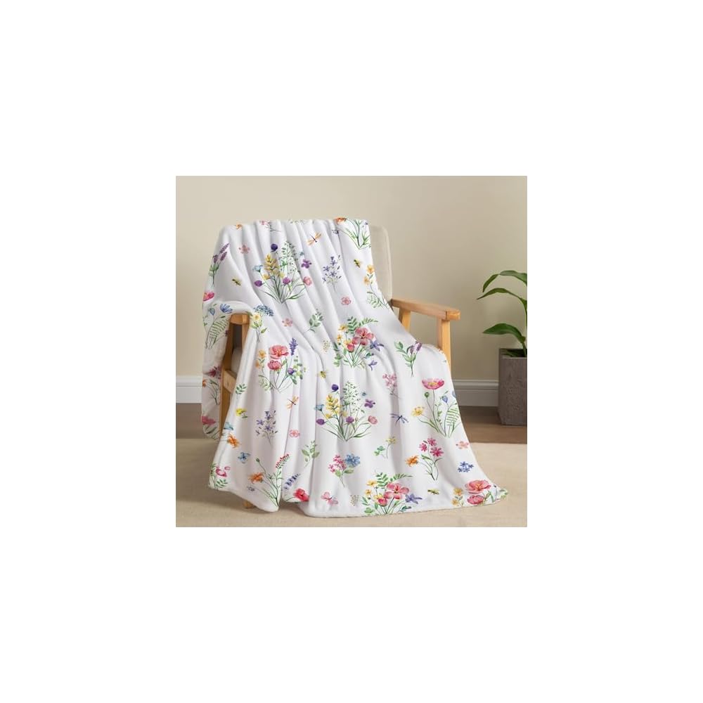 Cute Cat Throw Blanket Colorful Floral Wildflower Bed Blanket Flower Cat Print Blankets for Cat Lovers Super Soft Flannel Fleece Throw Blanket for Bed Couch 50” x 60”
