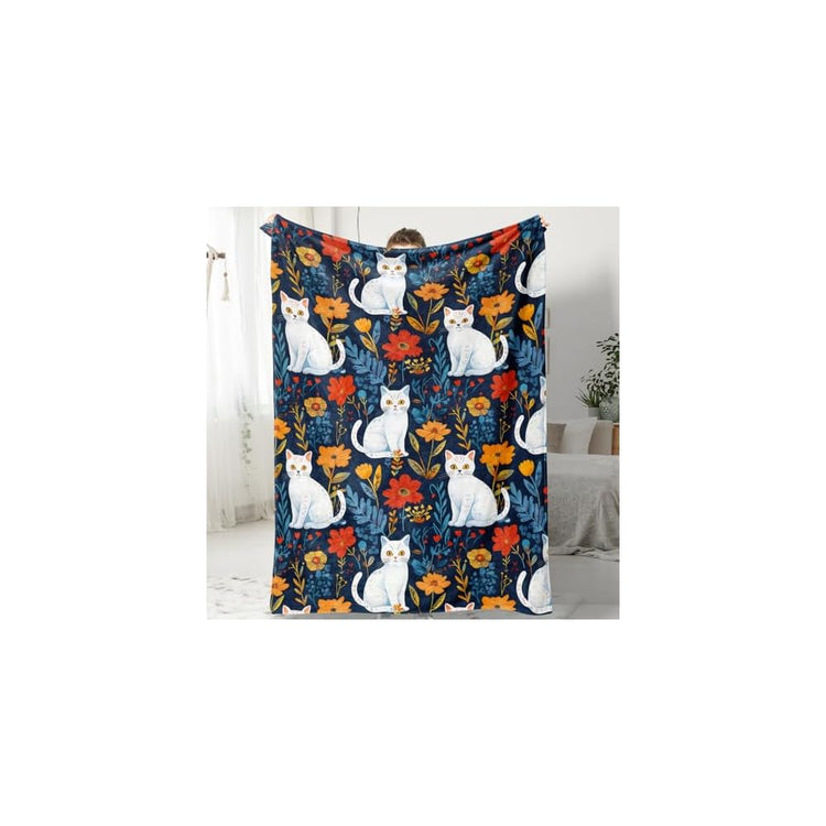 Cute Cat Throw Blanket Colorful Floral Wildflower Bed Blanket Flower Cat Print Blankets for Cat Lovers Super Soft Flannel Fleece Throw Blanket for Bed Couch 50” x 60”