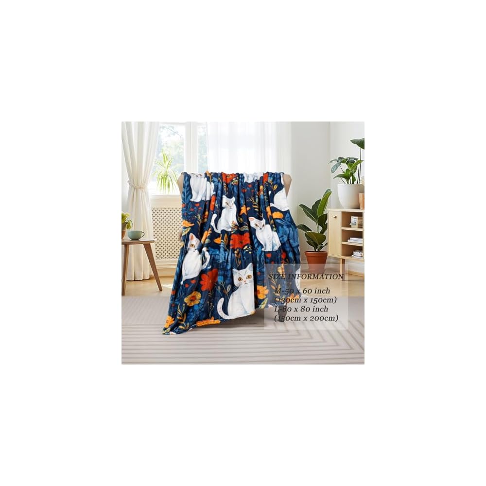 Cute Cat Throw Blanket Colorful Floral Wildflower Bed Blanket Flower Cat Print Blankets for Cat Lovers Super Soft Flannel Fleece Throw Blanket for Bed Couch 50” x 60”