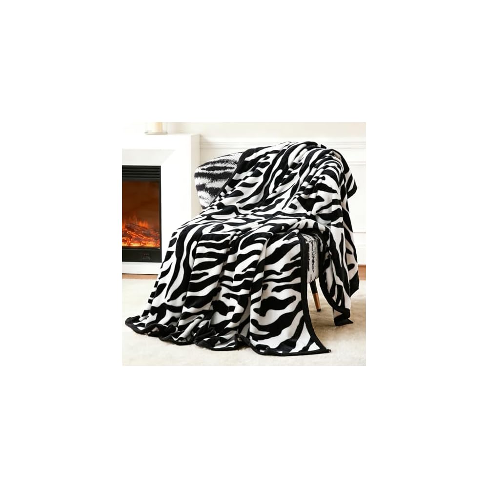 Fuzzy Flannel Throw Blanket for Sofa, Couch, Bed, Black and White Zebra Print Blanket Animal - Lightweight Double Sided Cozy Super Soft Blankets, 50" x 60" inches