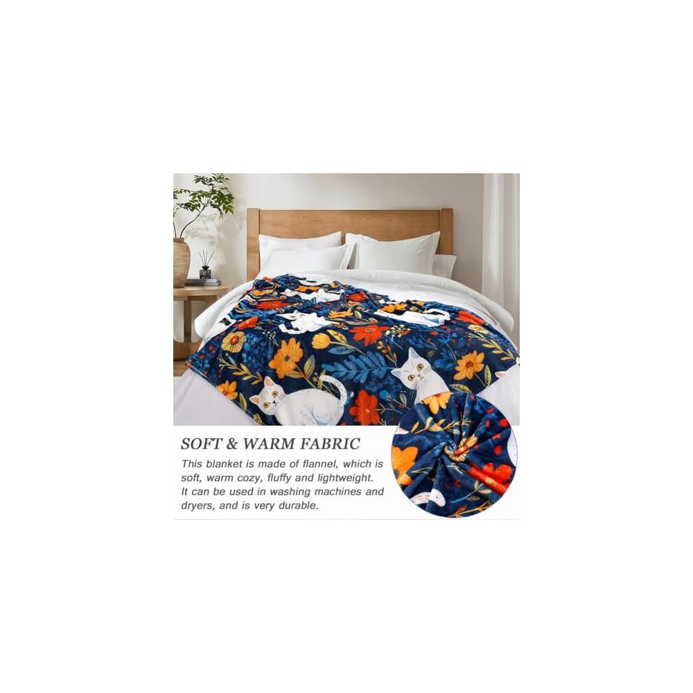 Cute Cat Throw Blanket Colorful Floral Wildflower Bed Blanket Flower Cat Print Blankets for Cat Lovers Super Soft Flannel Fleece Throw Blanket for Bed Couch 50” x 60”