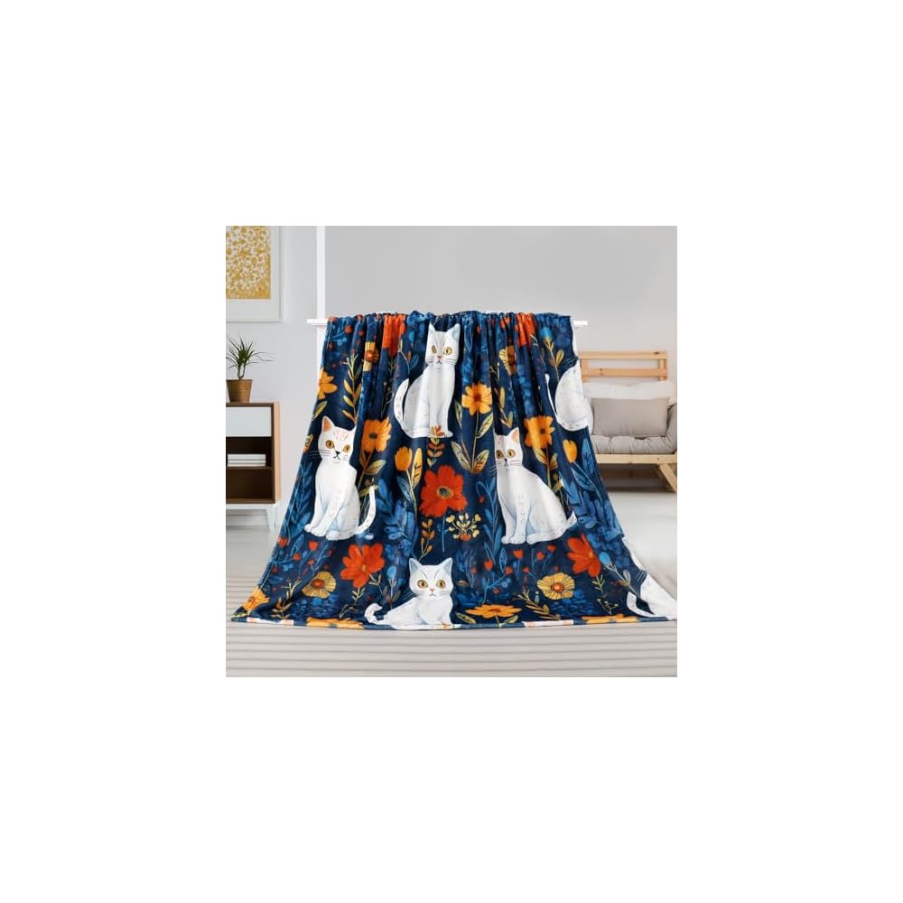 Cute Cat Throw Blanket Colorful Floral Wildflower Bed Blanket Flower Cat Print Blankets for Cat Lovers Super Soft Flannel Fleece Throw Blanket for Bed Couch 50” x 60”