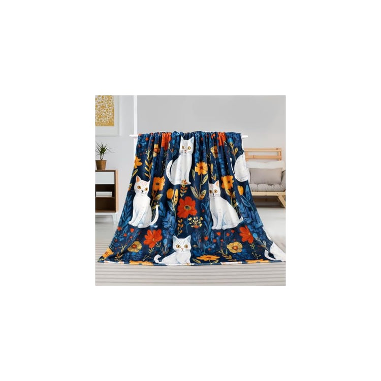 Cute Cat Throw Blanket Colorful Floral Wildflower Bed Blanket Flower Cat Print Blankets for Cat Lovers Super Soft Flannel Fleece Throw Blanket for Bed Couch 50” x 60”