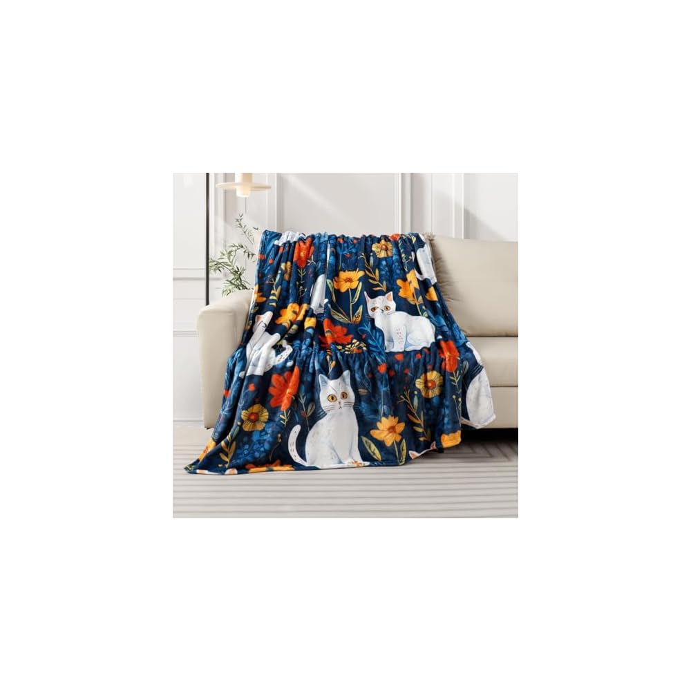 Cute Cat Throw Blanket Colorful Floral Wildflower Bed Blanket Flower Cat Print Blankets for Cat Lovers Super Soft Flannel Fleece Throw Blanket for Bed Couch 50” x 60”