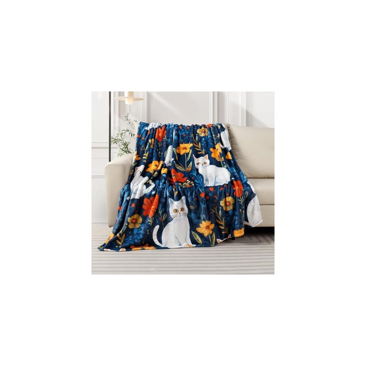 Cute Cat Throw Blanket Colorful Floral Wildflower Bed Blanket Flower Cat Print Blankets for Cat Lovers Super Soft Flannel Fleece Throw Blanket for Bed Couch 50” x 60”