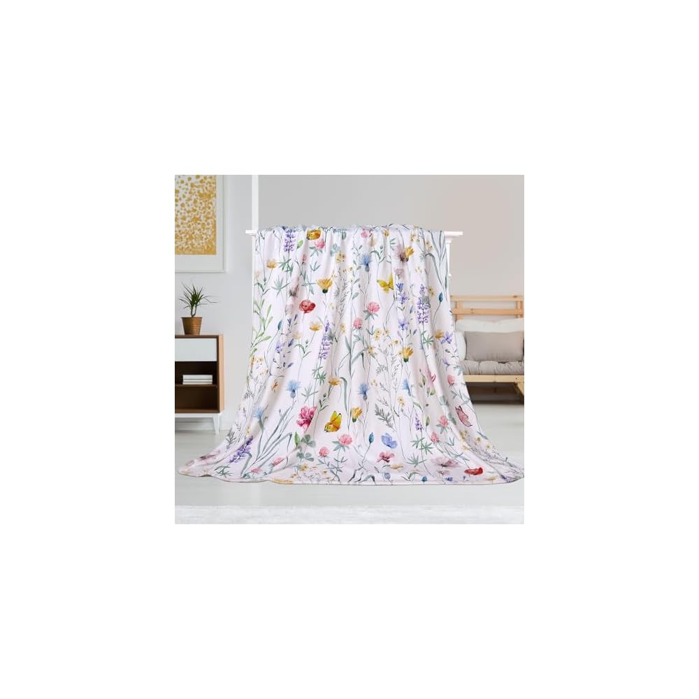 Cute Cat Throw Blanket Colorful Floral Wildflower Bed Blanket Flower Cat Print Blankets for Cat Lovers Super Soft Flannel Fleece Throw Blanket for Bed Couch 50” x 60”