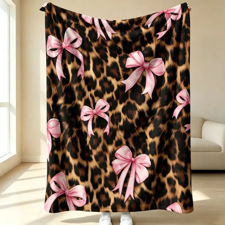 Coquette Leopard Pink Satin Bow Flannel Throw Blanket, Dark Leopard Fur Girly Ribbon Print Soft Fleece Blanket, Oversize Lightweight Cozy Blanket for Women Teens Adults & Kids, Nap Camping Travel Sofa Bed Y2K Home Decor Gift
