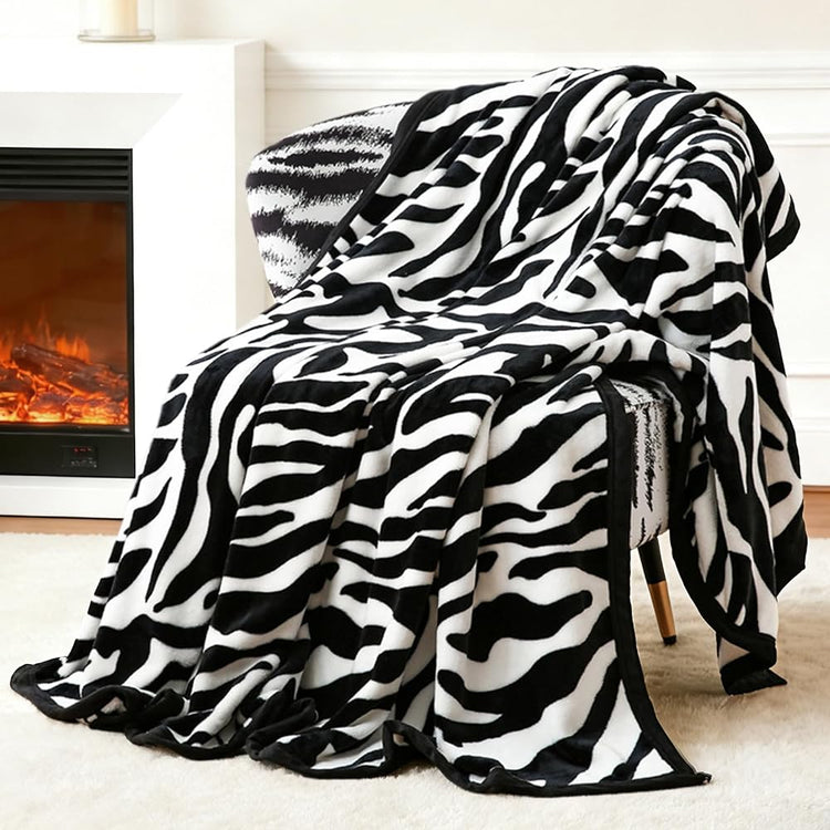Fuzzy Flannel Throw Blanket for Sofa, Couch, Bed, Black and White Zebra Print Blanket Animal - Lightweight Double Sided Cozy Super Soft Blankets, 50" x 60" inches