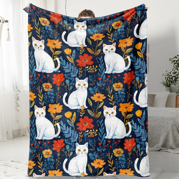 Cute Cat Throw Blanket Colorful Floral Wildflower Bed Blanket Flower Cat Print Blankets for Cat Lovers Super Soft Flannel Fleece Throw Blanket for Bed Couch 50” x 60”