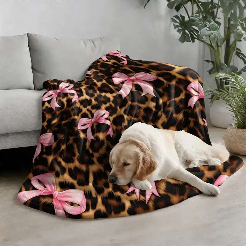 Coquette Leopard Pink Satin Bow Flannel Throw Blanket, Dark Leopard Fur Girly Ribbon Print Soft Fleece Blanket, Oversize Lightweight Cozy Blanket for Women Teens Adults & Kids, Nap Camping Travel Sofa Bed Y2K Home Decor Gift