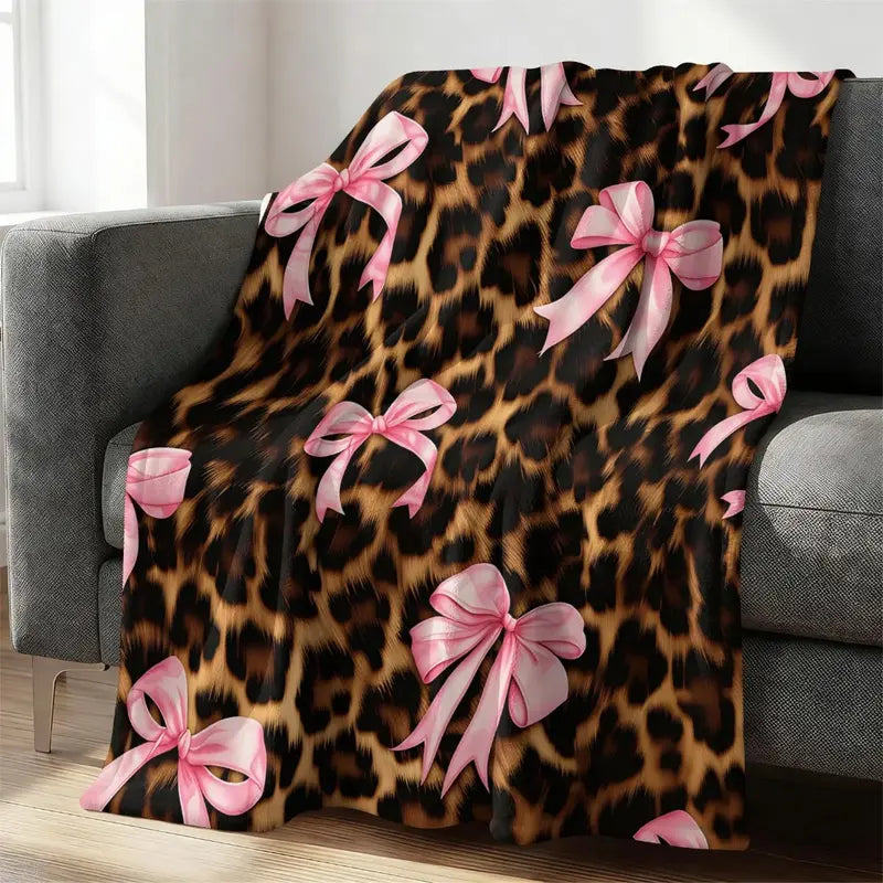 Coquette Leopard Pink Satin Bow Flannel Throw Blanket, Dark Leopard Fur Girly Ribbon Print Soft Fleece Blanket, Oversize Lightweight Cozy Blanket for Women Teens Adults & Kids, Nap Camping Travel Sofa Bed Y2K Home Decor Gift