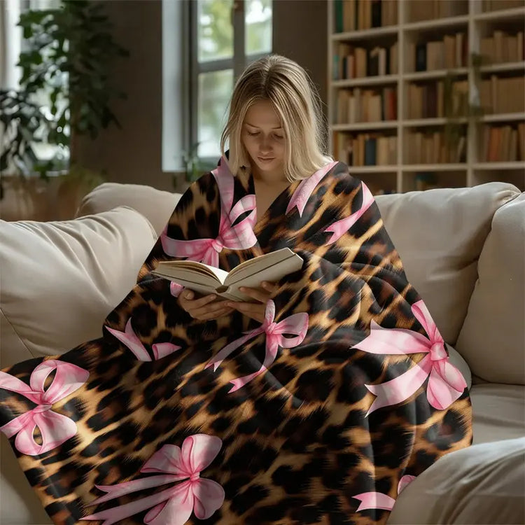 Coquette Leopard Pink Satin Bow Flannel Throw Blanket, Dark Leopard Fur Girly Ribbon Print Soft Fleece Blanket, Oversize Lightweight Cozy Blanket for Women Teens Adults & Kids, Nap Camping Travel Sofa Bed Y2K Home Decor Gift