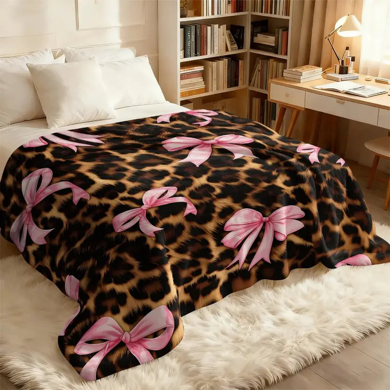 Coquette Leopard Pink Satin Bow Flannel Throw Blanket, Dark Leopard Fur Girly Ribbon Print Soft Fleece Blanket, Oversize Lightweight Cozy Blanket for Women Teens Adults & Kids, Nap Camping Travel Sofa Bed Y2K Home Decor Gift