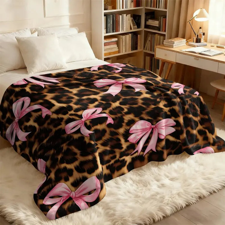 Coquette Leopard Pink Satin Bow Flannel Throw Blanket, Dark Leopard Fur Girly Ribbon Print Soft Fleece Blanket, Oversize Lightweight Cozy Blanket for Women Teens Adults & Kids, Nap Camping Travel Sofa Bed Y2K Home Decor Gift